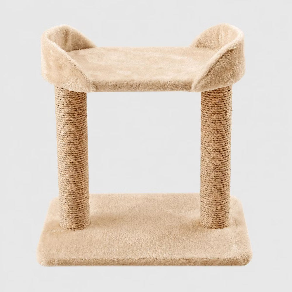 Beige cat scratching post with cozy bed