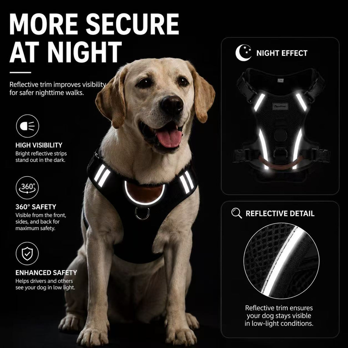 Black reflective dog harness at night with high-visibility reflective strips