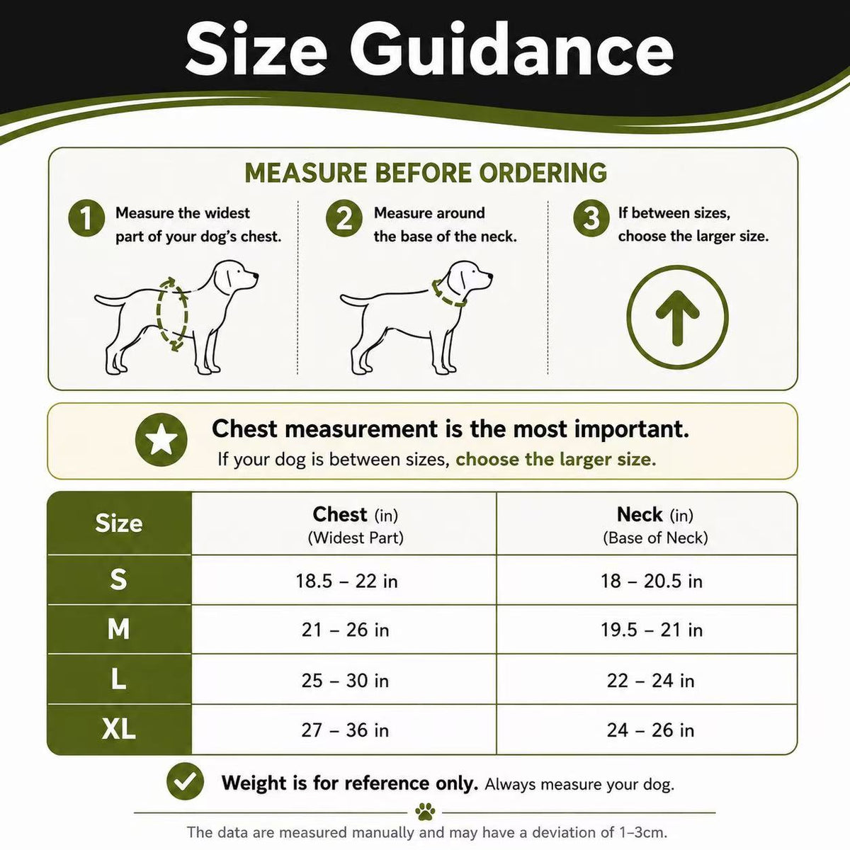 Dog harness size chart showing chest and neck measurements for sizes S, M, L and XL