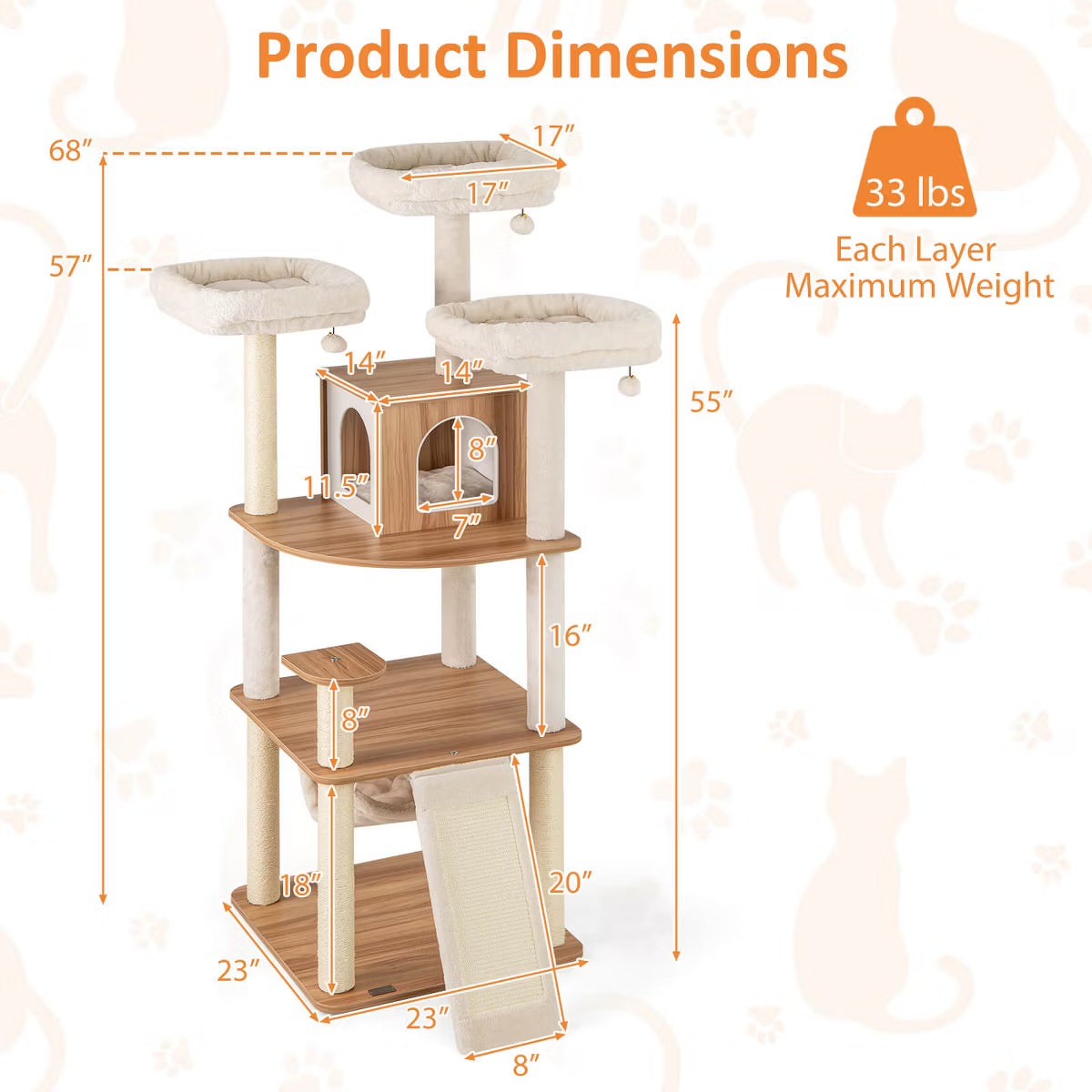 68” Tall Cat Tree Wood Cat Tower w/ 3 Padded Perches Multi-Level Climbing Furniture