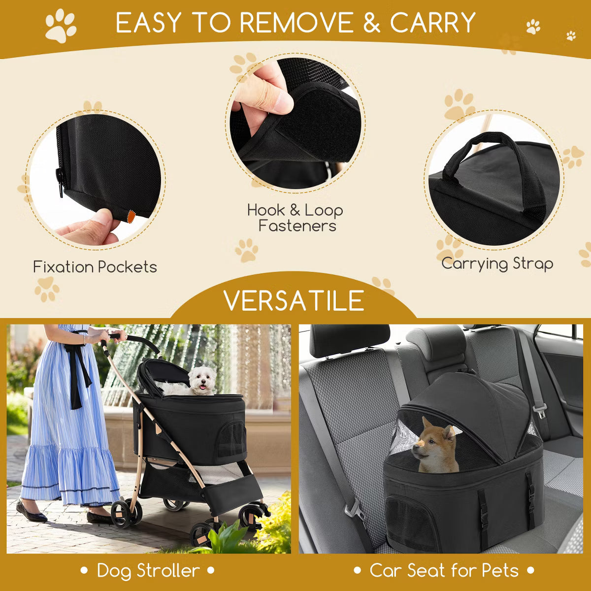 Petsite 3-In-1 Pet Stroller with Removable Car Seat Carrier 4-Level Adjustable Canopy Black & Rose Gold