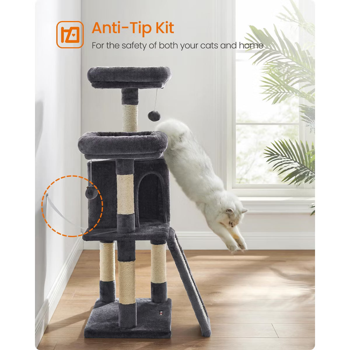 45.3-Inch Cat Tower with Scratching Ramp, Multi-Level Cat Condo with Spacious Cave & 2 Perches,