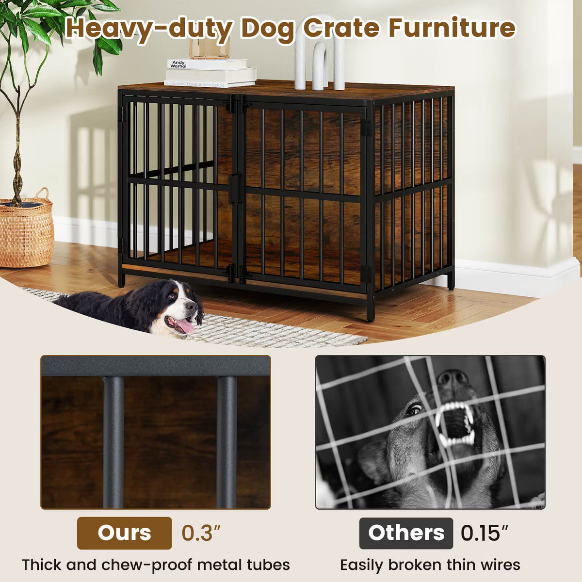 Heavy-duty Dog Crate Furniture with 2 Lockable Doors for Small Medium Breeds Natural