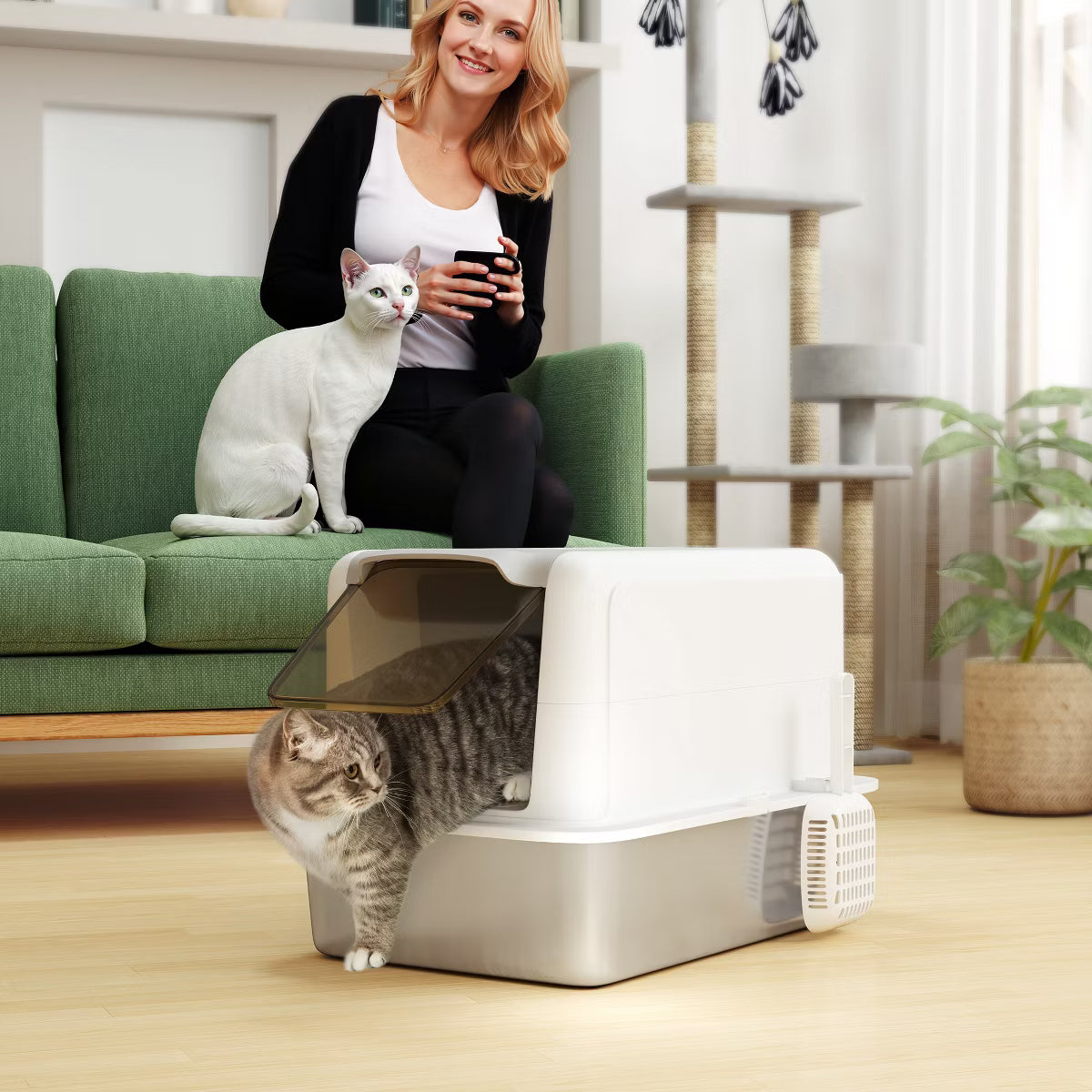 Stainless Steel Cat Litter Box, Extra Large 2 in 1 Kitty Litter Box with Removable Lid, Scoop,