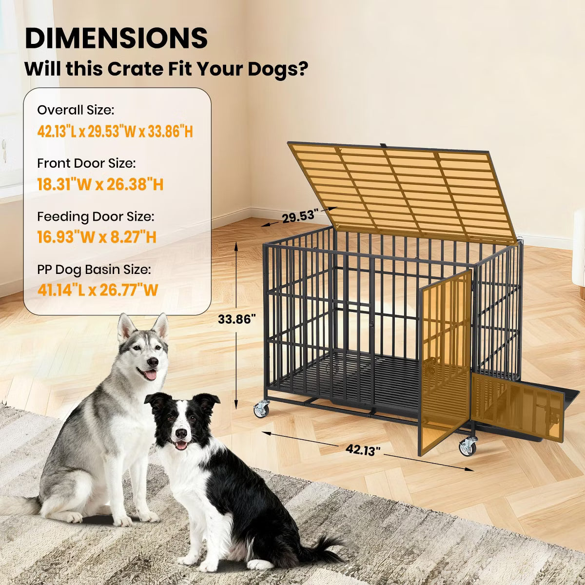 Escape Proof Dog Cage with Rolling Wheels, Sturdy Pet Kennel for Medium and Large Dogs