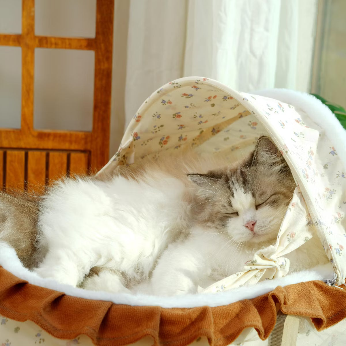 French-Style Rocking Cat Bed - Wooden Stand & Canopy