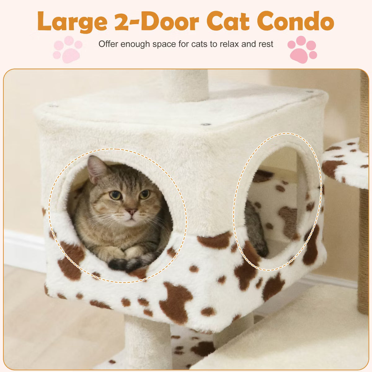 Modern Cat Tree with Wide Upholstered Perch & 2-Entrance Cat Condo Scratching Posts