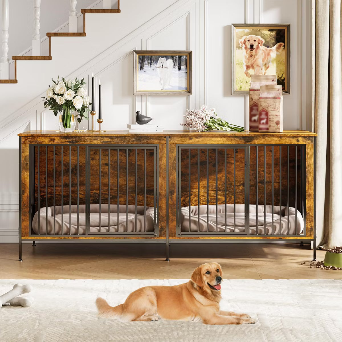 79" Double Dog Crate Furniture, Heavy-Duty Wooden Indoor Dog Kennel with Divider,