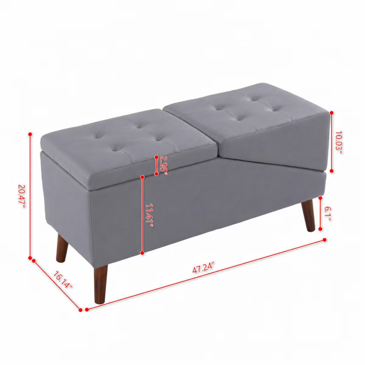 A small white dog stands on a gray pet ramp positioned in front of a bed in a softly styled bedroom. The ramp has a dark gray textured surface and a matching gray tufted rectangular end, with wooden legs.
