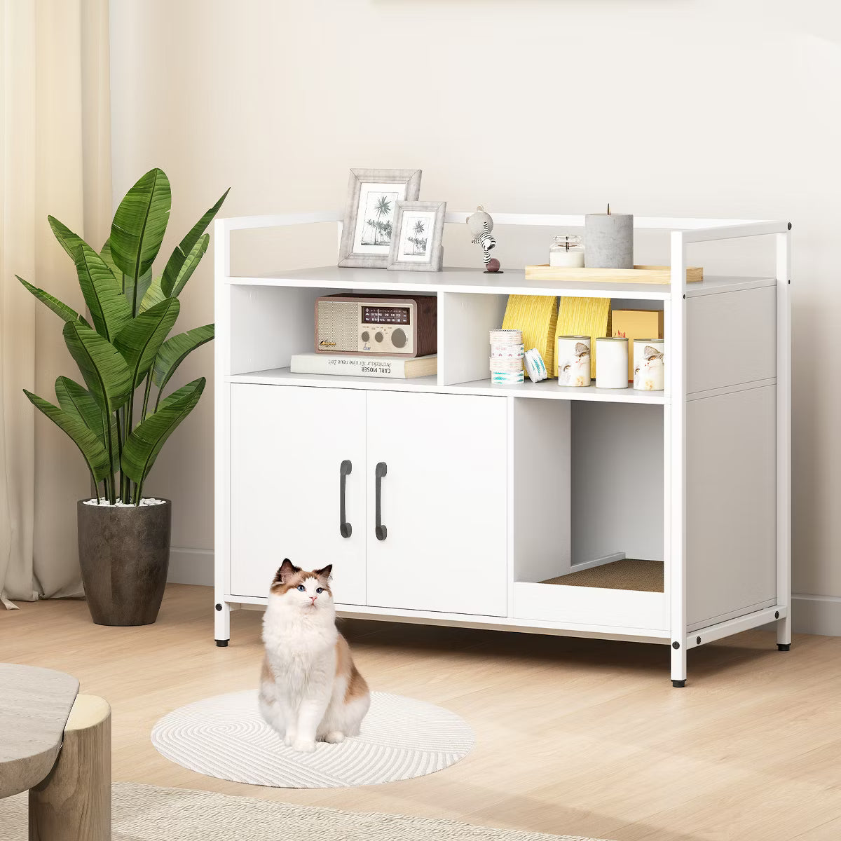 Cat Litter Box Enclosure w/ Storage Compartments Removable Scratching Board Gray