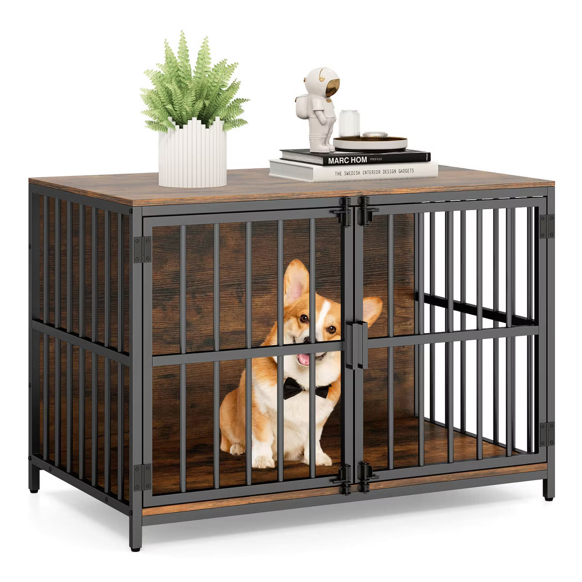 Heavy-duty Dog Crate Furniture with 2 Lockable Doors for Small Medium Breeds Natural