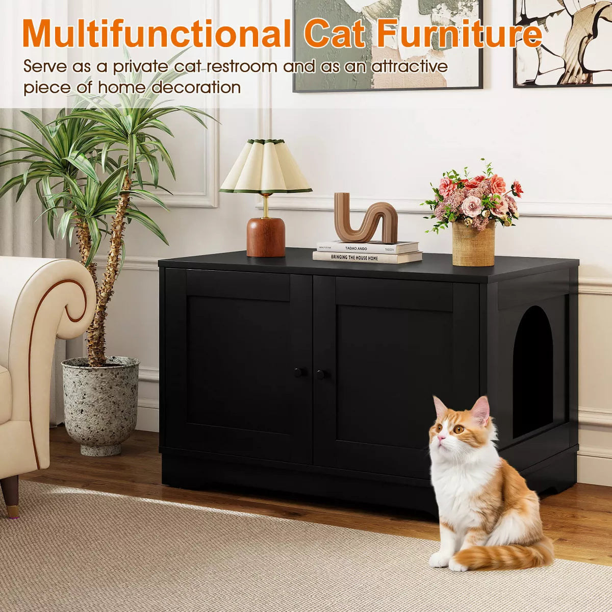 Cat Litter Box Enclosure Furniture with Double Doors Divider Side Entry for Cats Black