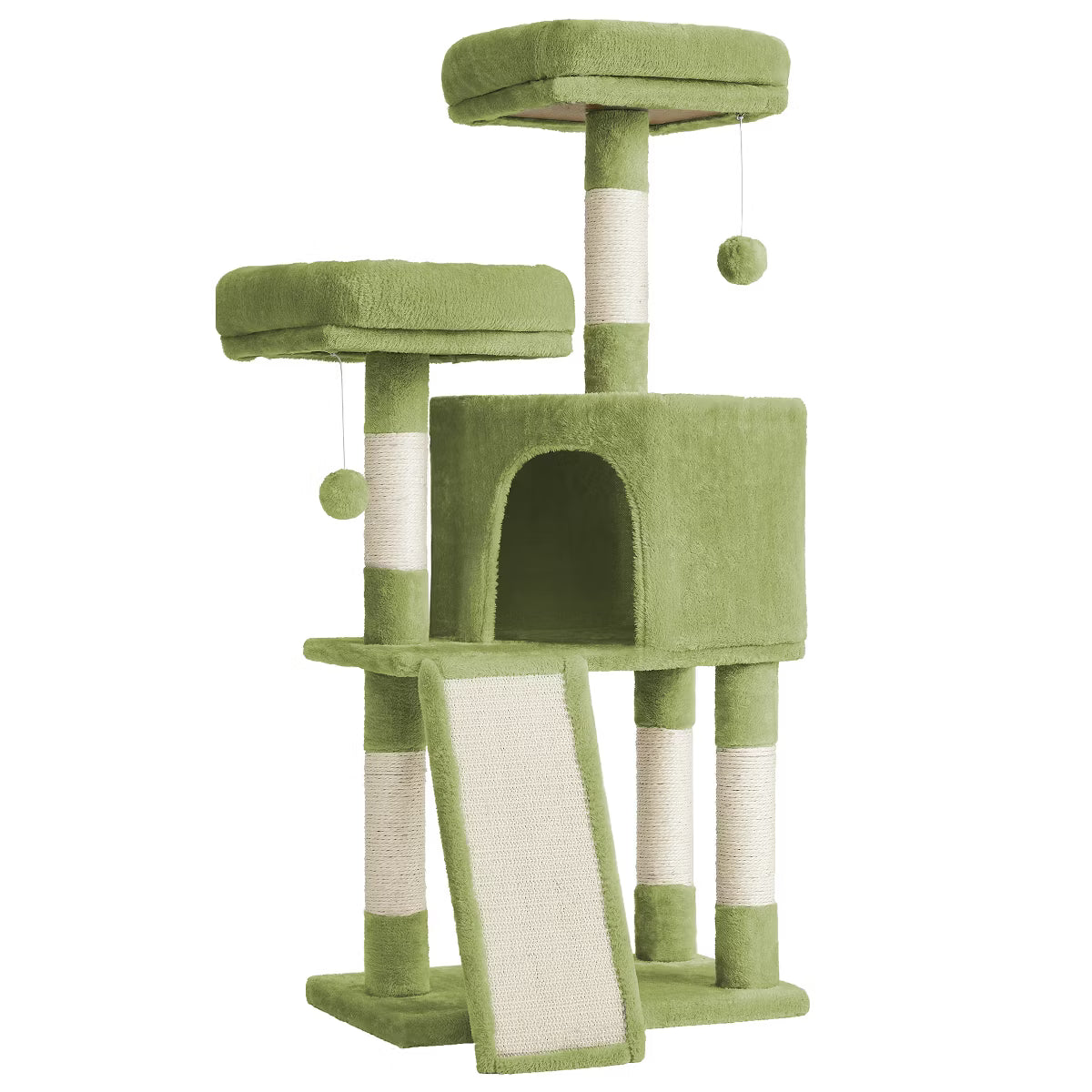 45.3-Inch Cat Tower with Scratching Ramp, Multi-Level Cat Condo with Spacious Cave & 2 Perches,