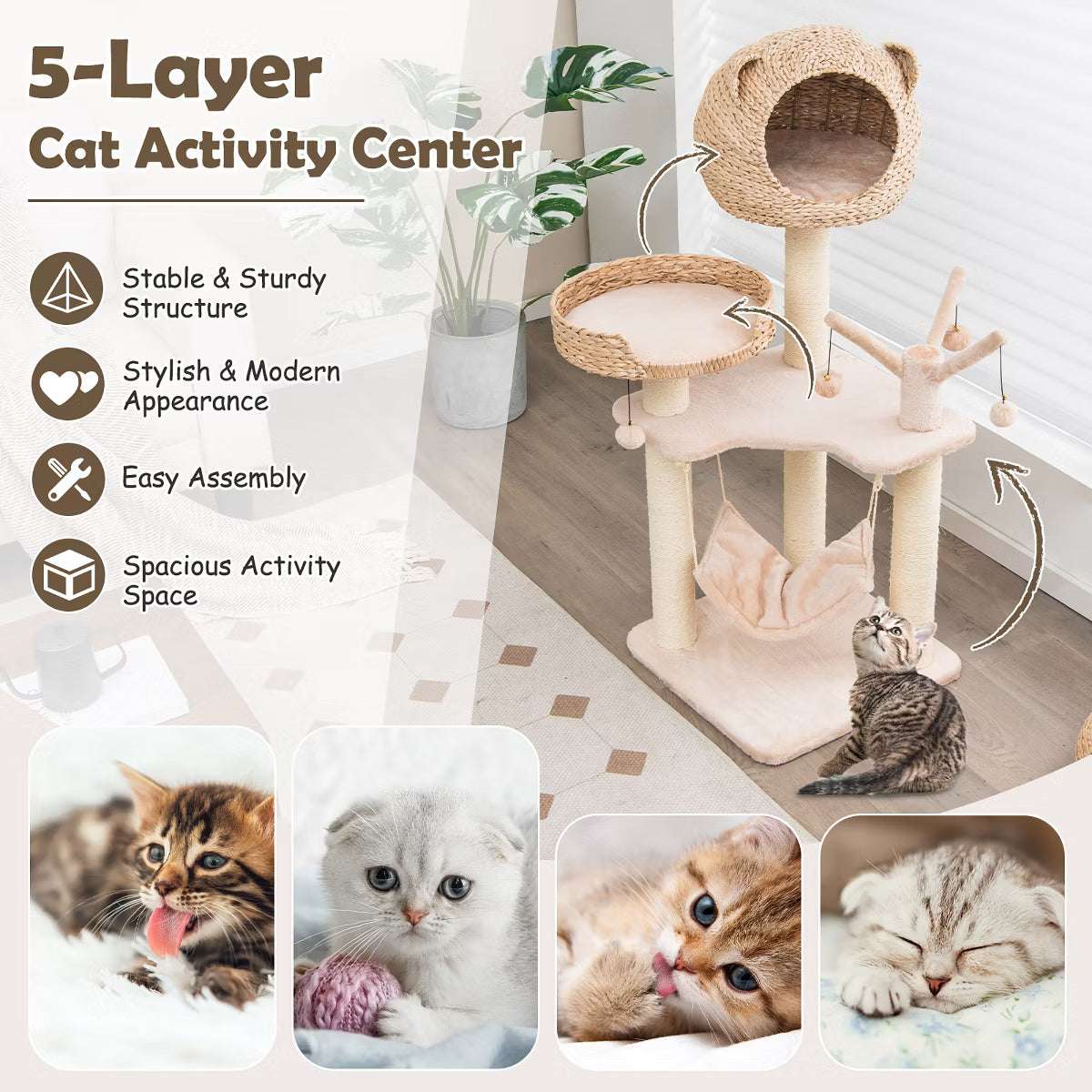 48'' Tall Cat Tree Tower Multi-Level Play Activity Center withCondo Hammock Cushion