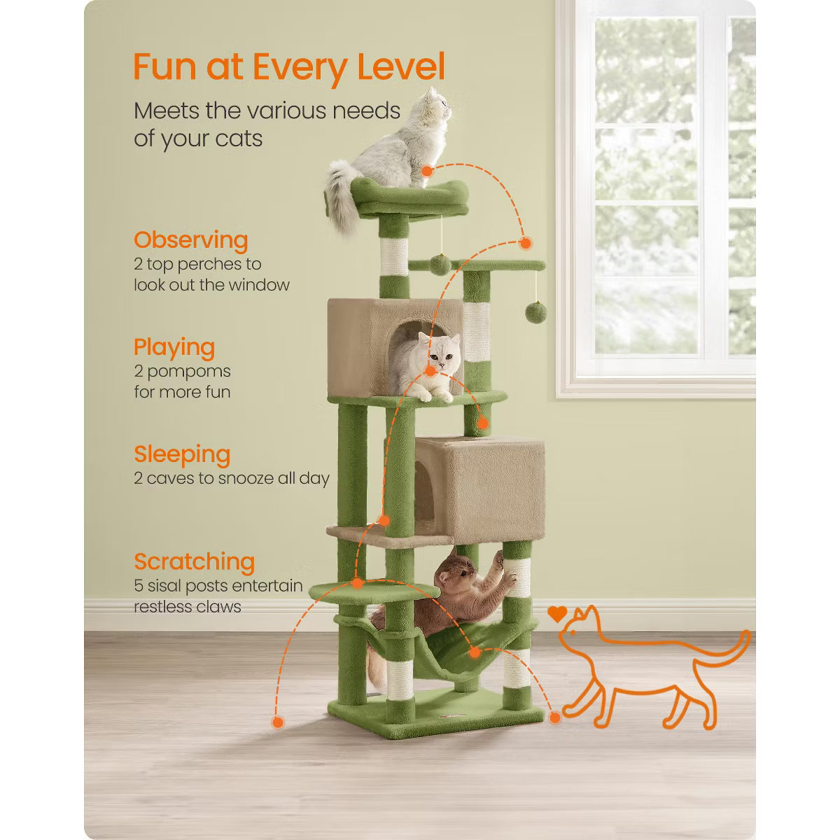 9.5-Inch Tall Cat Tower, Plush Multi-Level Condo with 5 Scratching Posts, 2 Perches