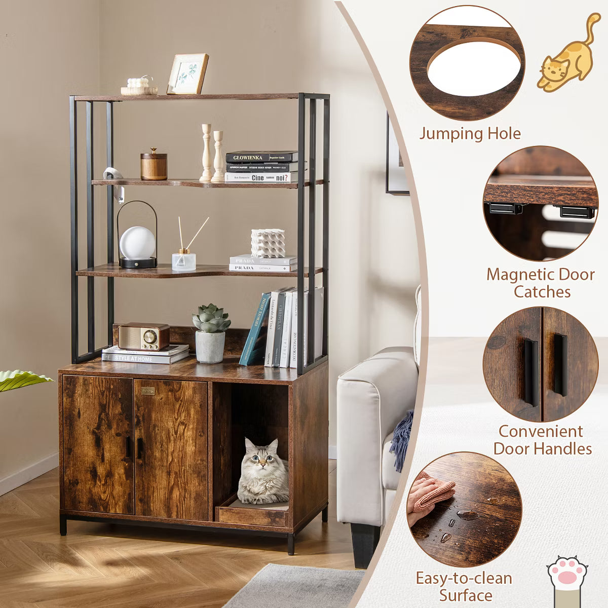61" Cat Litter Box Enclosure w/ Storage 3-tier Shelves Side Entrance Indoor