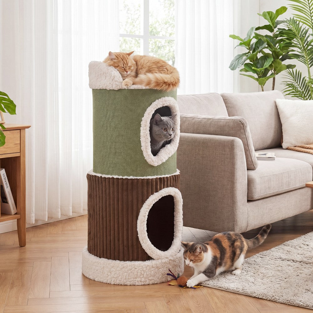 Green, brown and beige 3-level cat house with washable interior mats