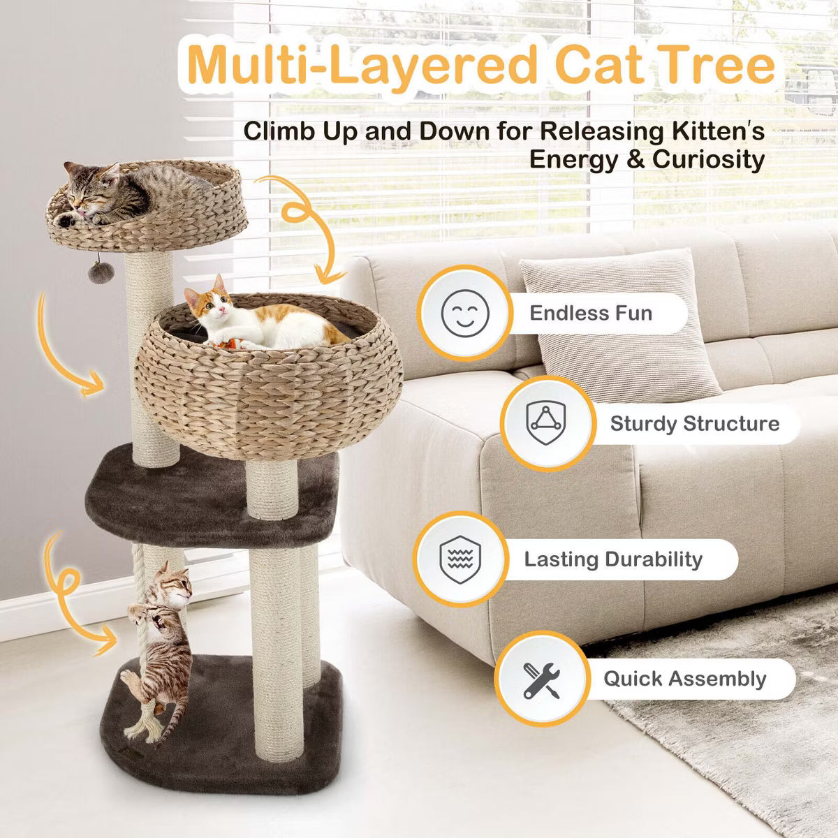 41'' Hand-Made Cat Tree Tower Natural Bowl Shaped w/ 2 Perch Coffee