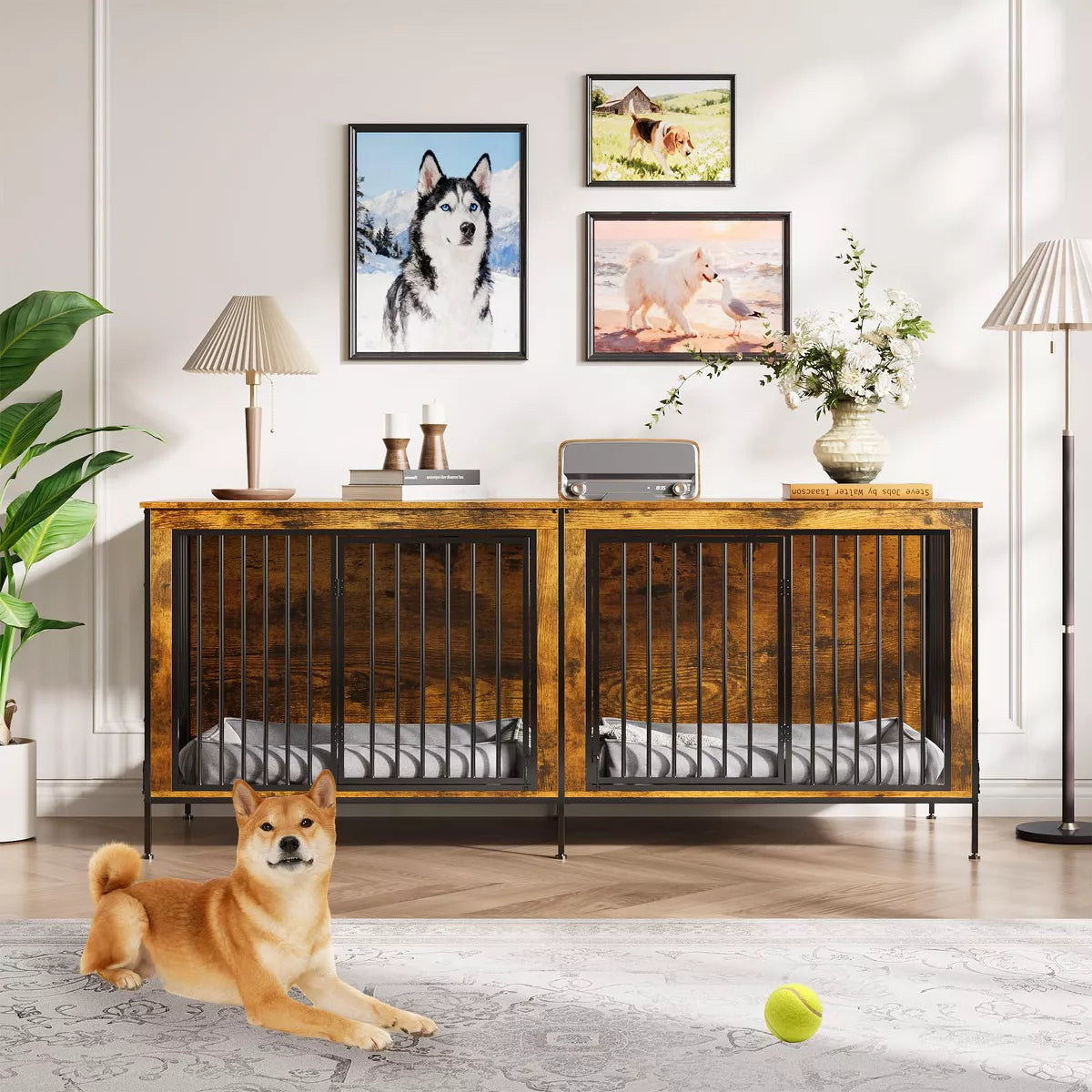79" Double Dog Crate Furniture, Heavy-Duty Wooden Indoor Dog Kennel with Divider,