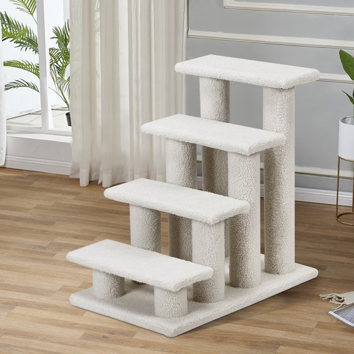 24''4-Step Pet Stairs Carpeted Ladder Ramp 8 Scratching Post Cat Tree Climber