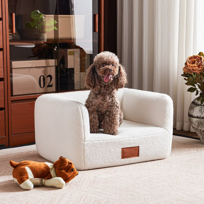 25.6 Inch Faux Shearling Dog Bed Pet Sofa With Leather Nameplate