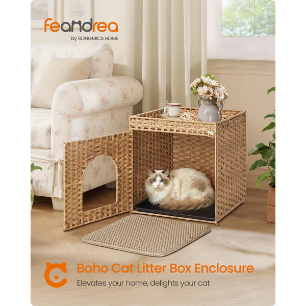Cat Litter Box Enclosure, Handwoven Rattan Hidden Litter Box Furniture with Extra Mat