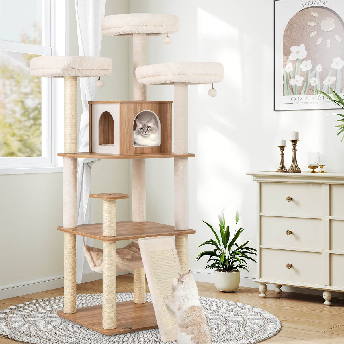68” Tall Cat Tree Wood Cat Tower w/ 3 Padded Perches Multi-Level Climbing Furniture
