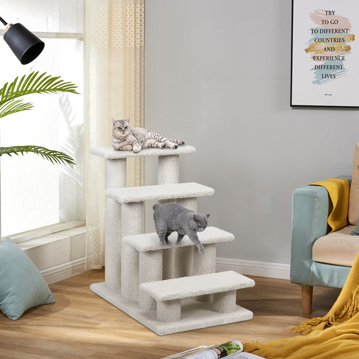 24''4-Step Pet Stairs Carpeted Ladder Ramp 8 Scratching Post Cat Tree Climber