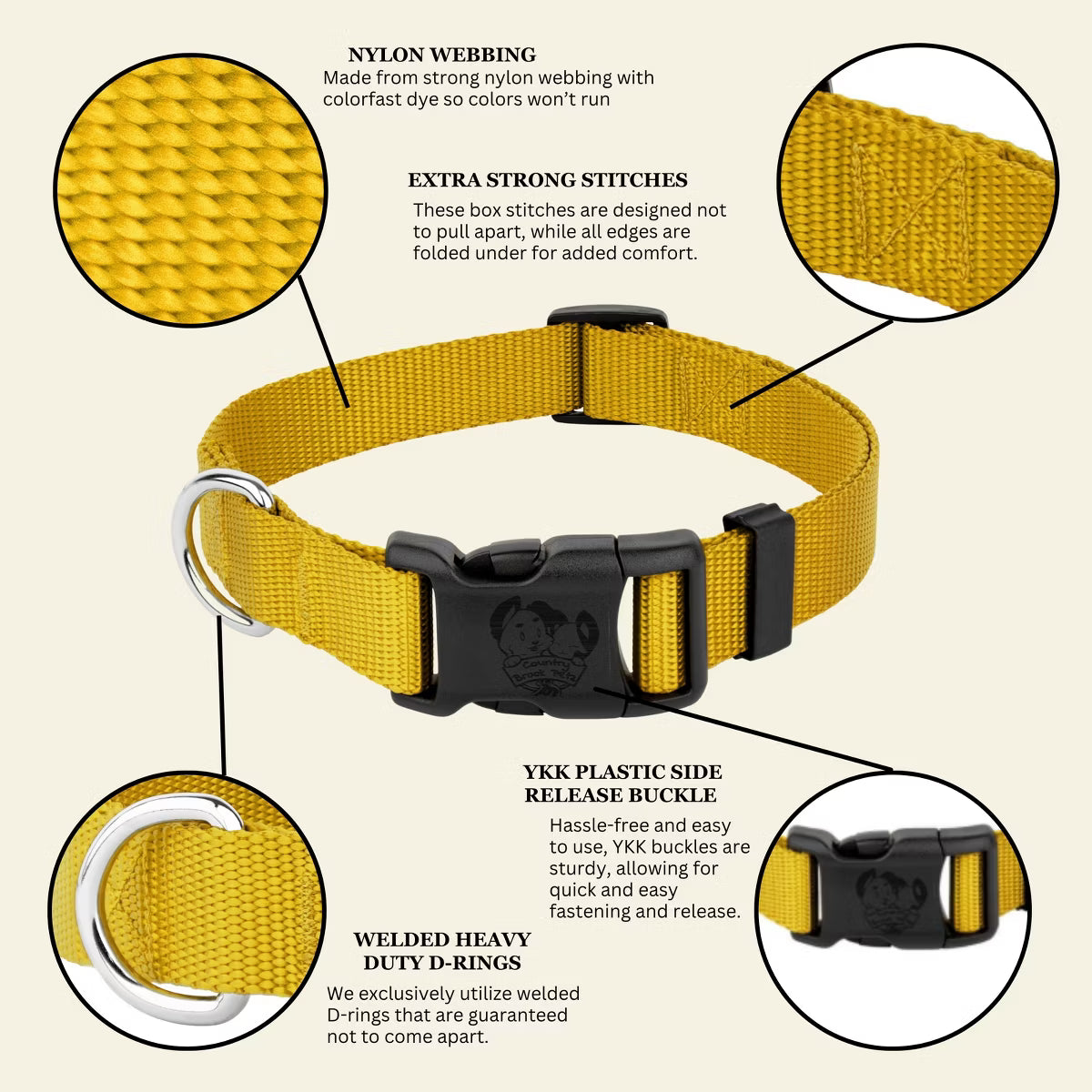 Everyday Nylon Dog Collar (Large, 1 Inch Wide, Gold)