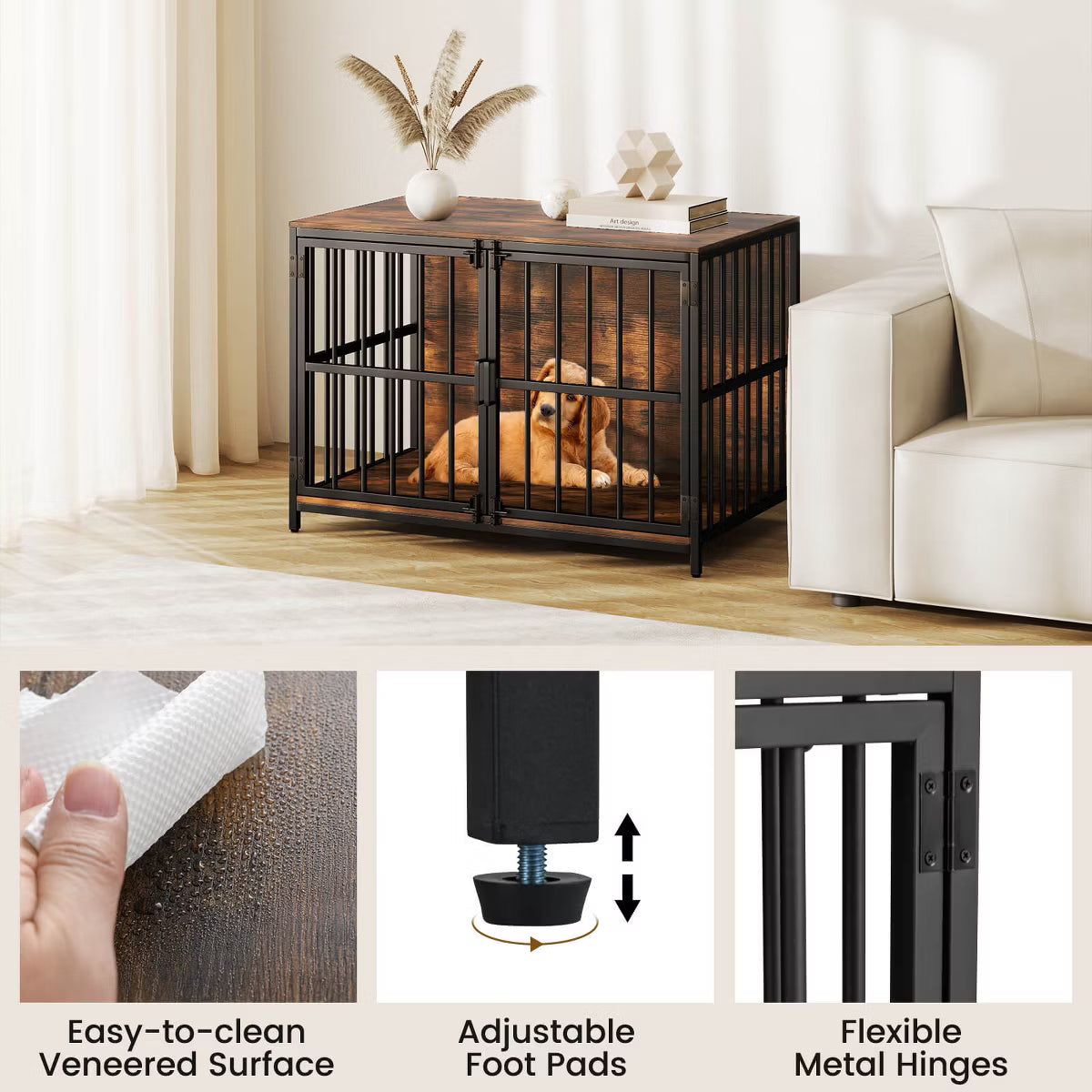 Heavy-duty Dog Crate Furniture with 2 Lockable Doors for Small Medium Breeds Natural