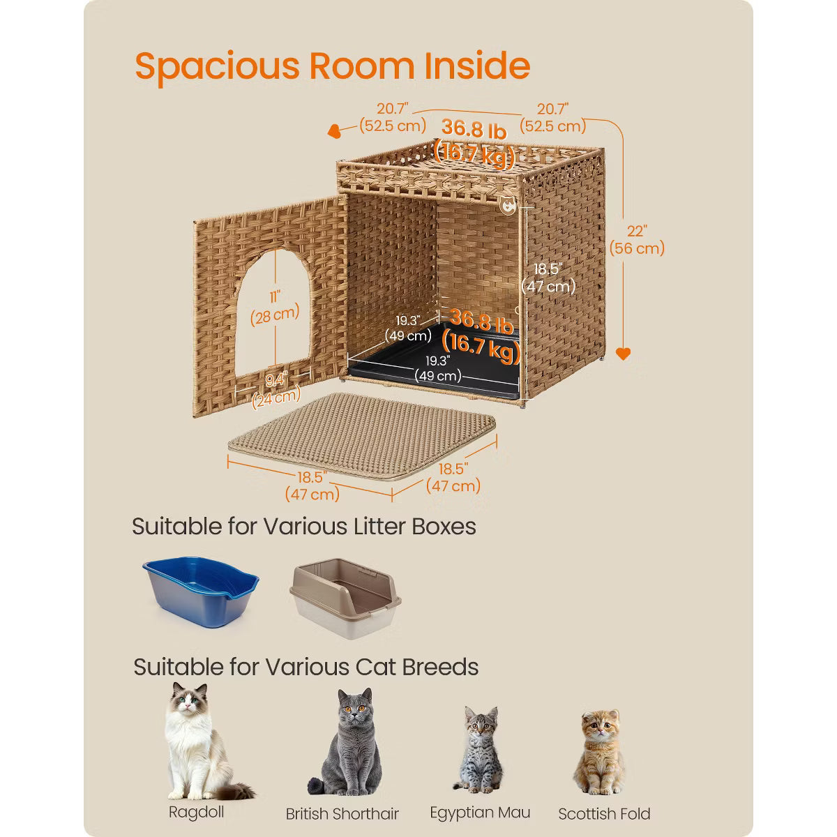 Cat Litter Box Enclosure, Handwoven Rattan Hidden Litter Box Furniture with Extra Mat