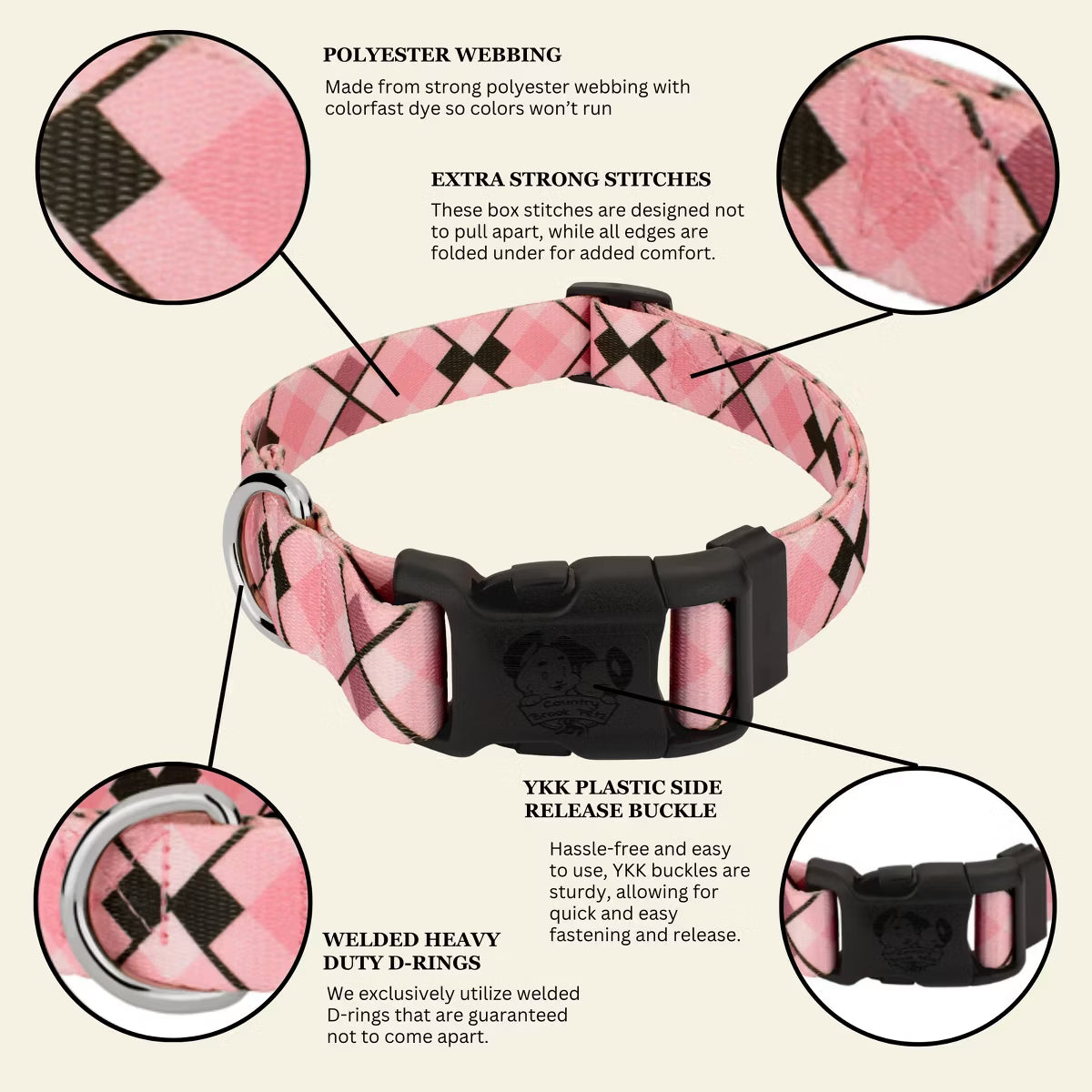 Pink and Brown Argyle Everyday Dog Collar Limited Edition Made in The U.S.A. (1/2 Inch, Extra Small)