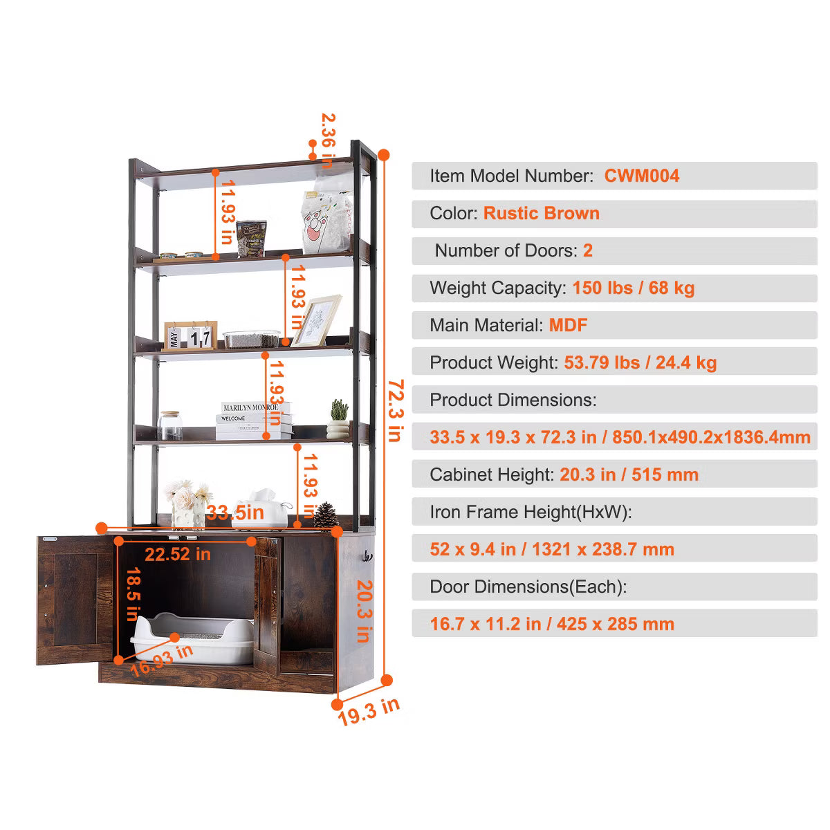 Cat Litter Box Enclosure, Hidden Litter Box Furniture with 4 Storage Shelves, Wooden Cat Washroom Indoor