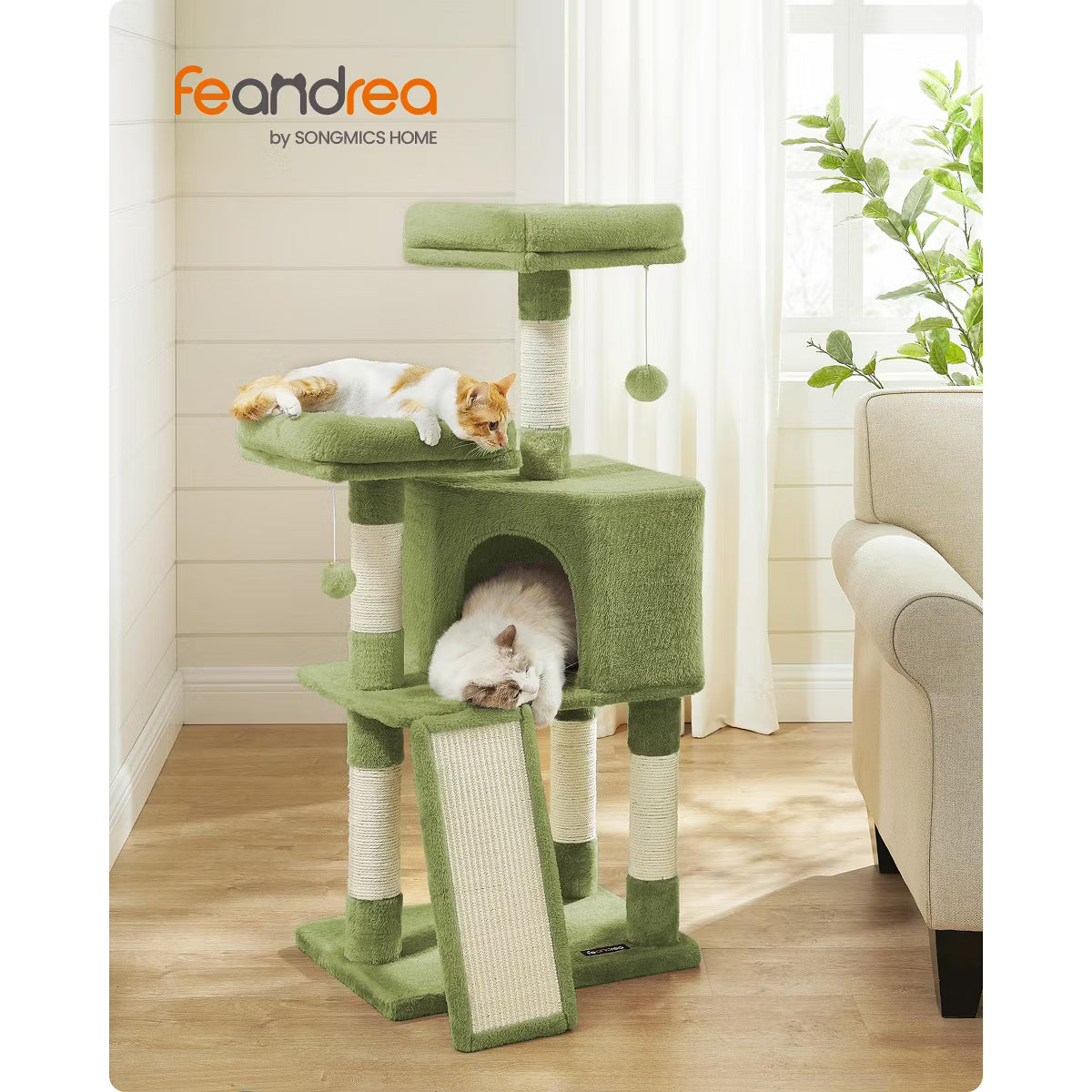 45.3-Inch Cat Tower with Scratching Ramp, Multi-Level Cat Condo with Spacious Cave & 2 Perches,