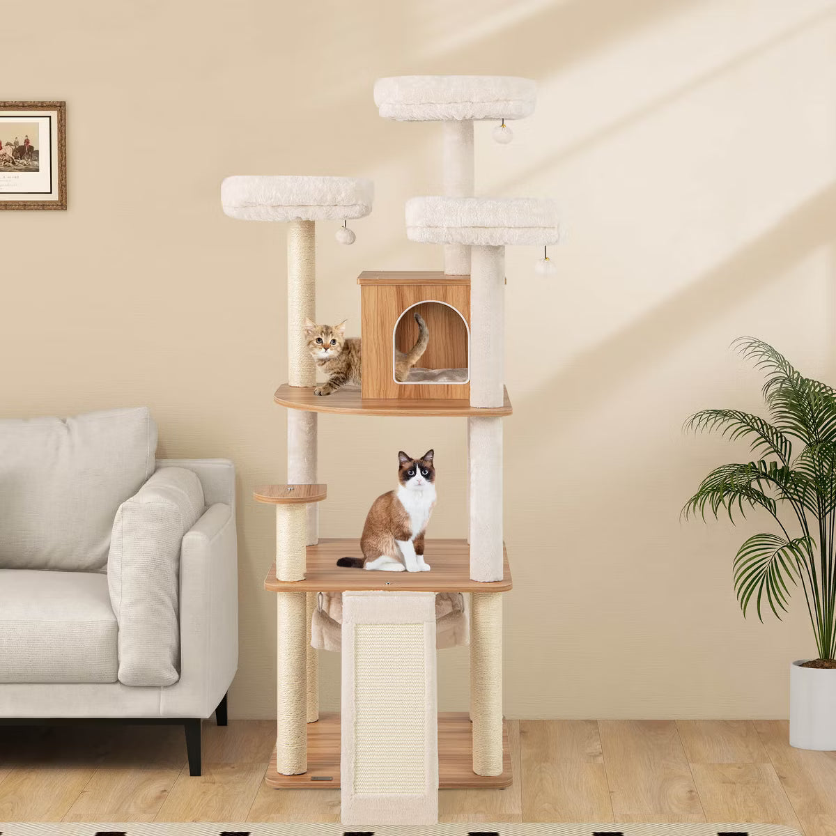 68” Tall Cat Tree Wood Cat Tower w/ 3 Padded Perches Multi-Level Climbing Furniture
