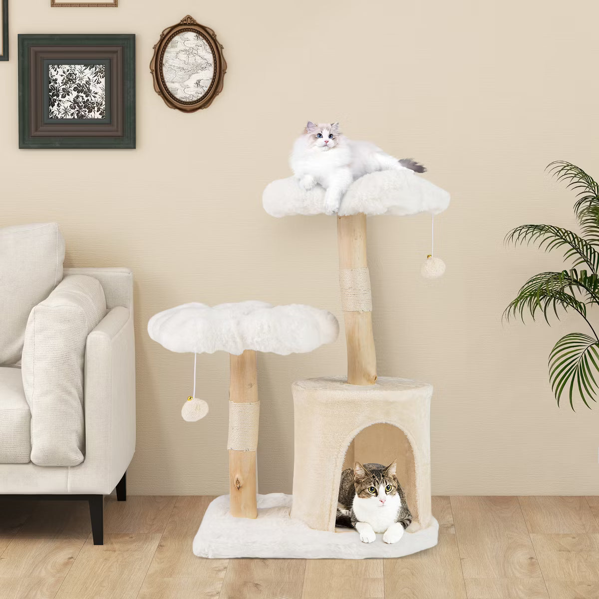 32 inch Cute Wood Cat Tree w/ Scratching Posts Pet Condo Furniture Activity Center