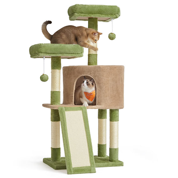 45.3-Inch Cat Tower with Scratching Ramp, Multi-Level Cat Condo with Spacious Cave & 2 Perches,