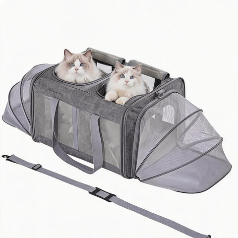Towallmark Large Double Cat Carrier Backpack for 2 Cats, Expandable & Foldable - Grey