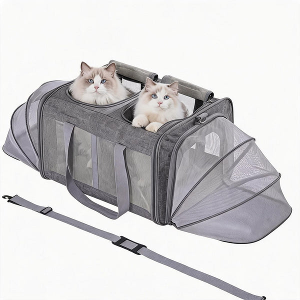 Grey double cat carrier backpack for 2 cats, front view