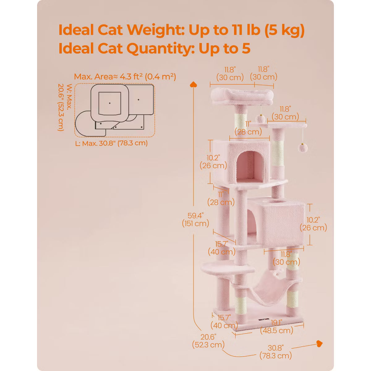 9.5-Inch Tall Cat Tower, Plush Multi-Level Condo with 5 Scratching Posts, 2 Perches