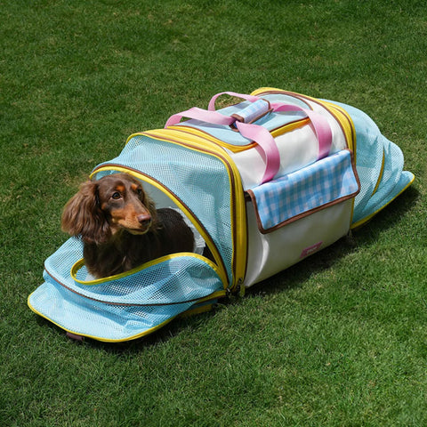 Expandable Pet Carrier for Cats & Small Dogs, 3-Side Mesh Opening Travel Carrier - Blue Gingham