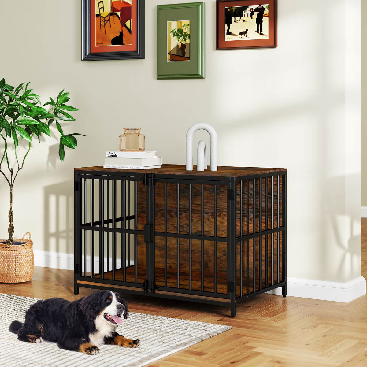 Heavy-duty Dog Crate Furniture with 2 Lockable Doors for Small Medium Breeds Natural