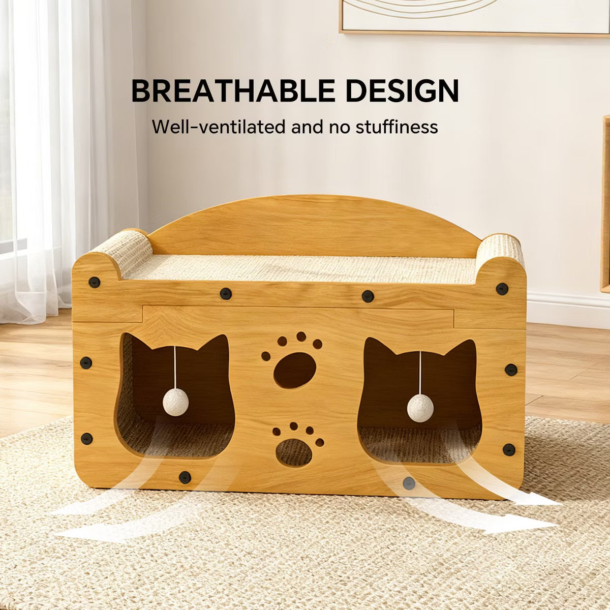 Durable Cat House Box, Cat Scratcher Bed with Hideout Caves