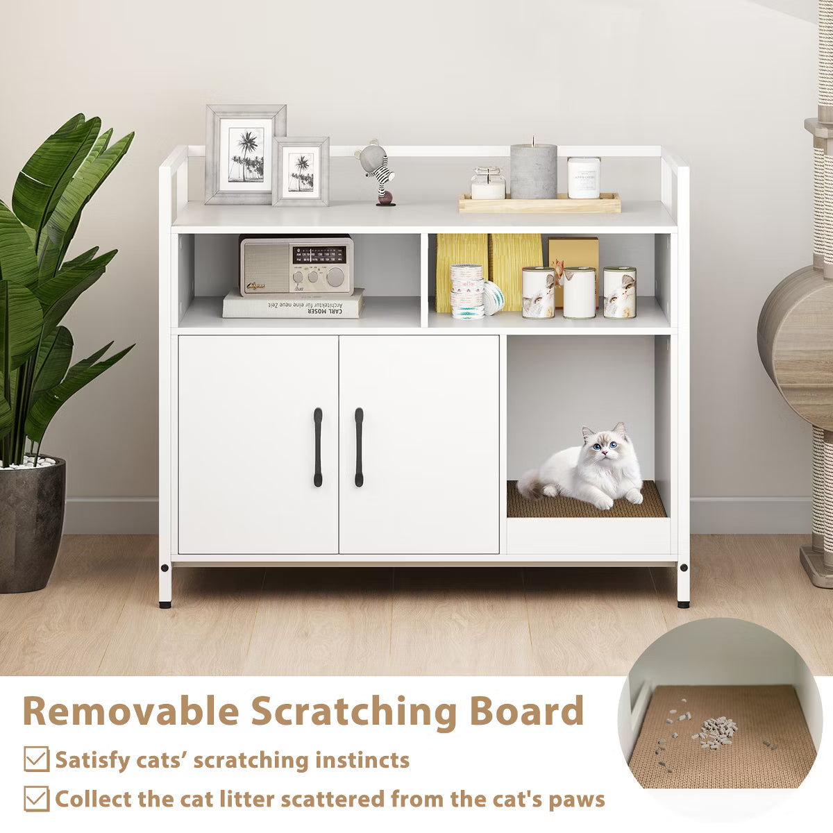 Cat Litter Box Enclosure w/ Storage Compartments Removable Scratching Board Gray