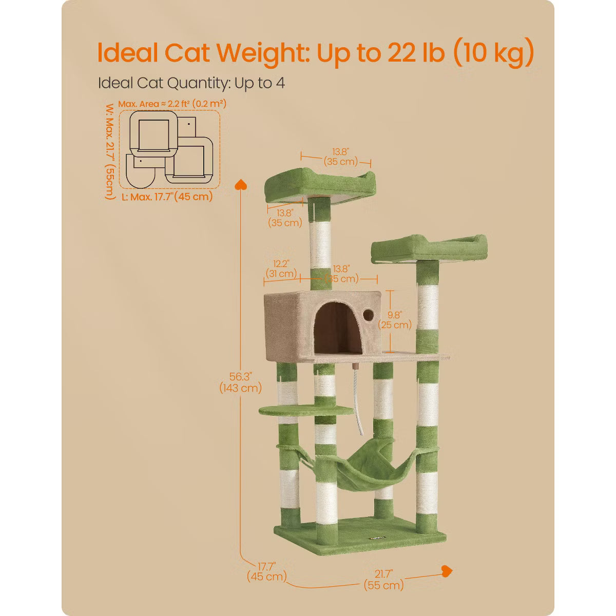 55.8-Inch Cat Tower, Multi-Level Plush Condo with 11 Scratching Posts
