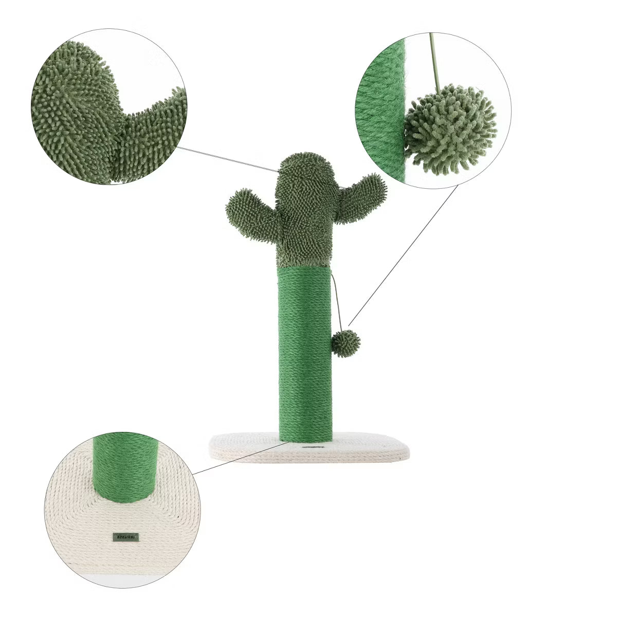 21" Modern Jute Cactus Cat Scratching Post with Fuzzy Toy, Green/White