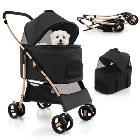 3-in-1 Pet Stroller with Car Seat Carrier - Black & Rose Gold