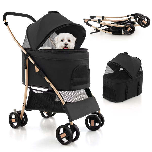Petsite 3-In-1 Pet Stroller with Removable Car Seat Carrier 4-Level Adjustable Canopy Black & Rose Gold