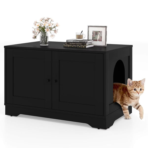 Cat Litter Box Enclosure Furniture with Double Doors Divider Side Entry for Cats Black