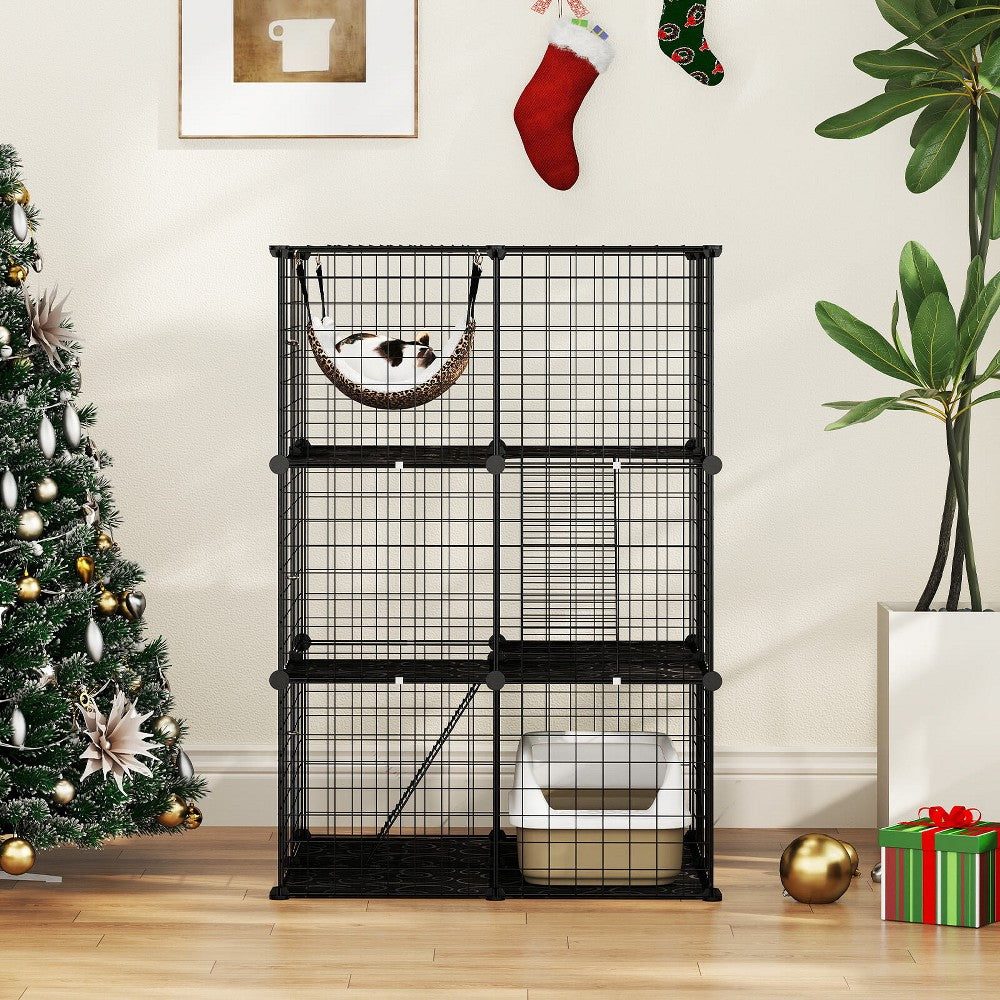 Black 3-tier cat enclosure with three folding doors